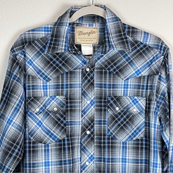 Vintage Wrangler Blue Black Plaid Pearl Snap Long Sleeve Shirt L - Picture 6 of 6